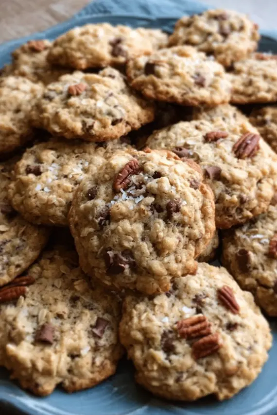 Freshly baked cowboy cookies cooling on a wire rack