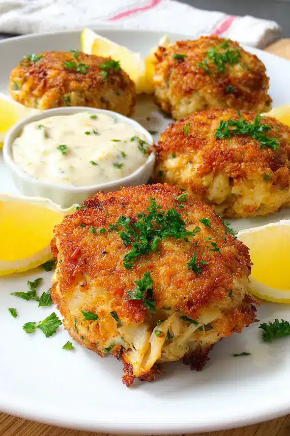 Golden brown lemon crab cakes on a white plate garnished with fresh herbs and lemon wedges