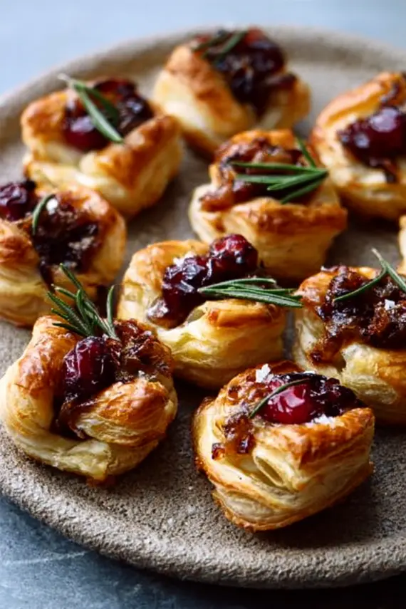 Elegantly plated cranberry brie puff pastry bites on a serving board with fresh herbs
