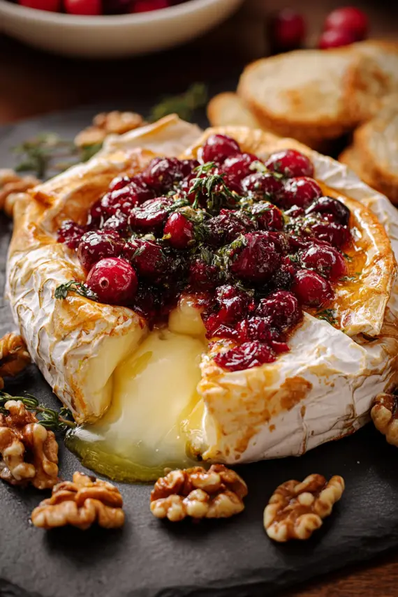 Cranberry Orange Baked Brie with melting cheese and vibrant topping
