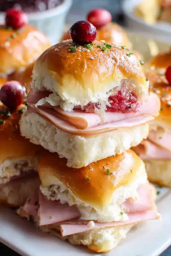 Fresh cranberry sauce being spooned over cream cheese spread for ham sliders