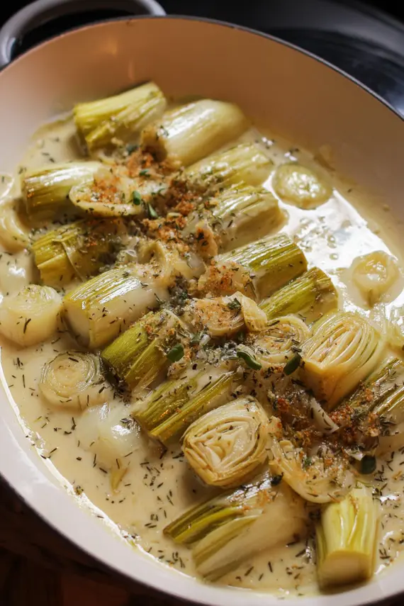 Creamy braised leeks plated next to roasted chicken on a beautiful ceramic plate