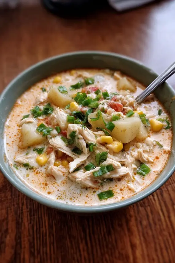 Creamy Salsa Chicken Potato Soup with various toppings and side dishes
