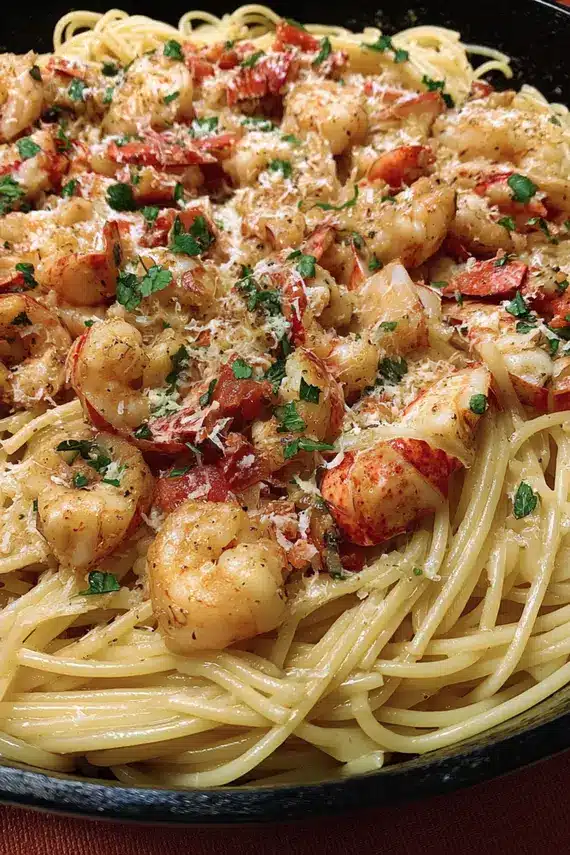 Creamy Lobster Shrimp Spaghetti in a white bowl with garnish