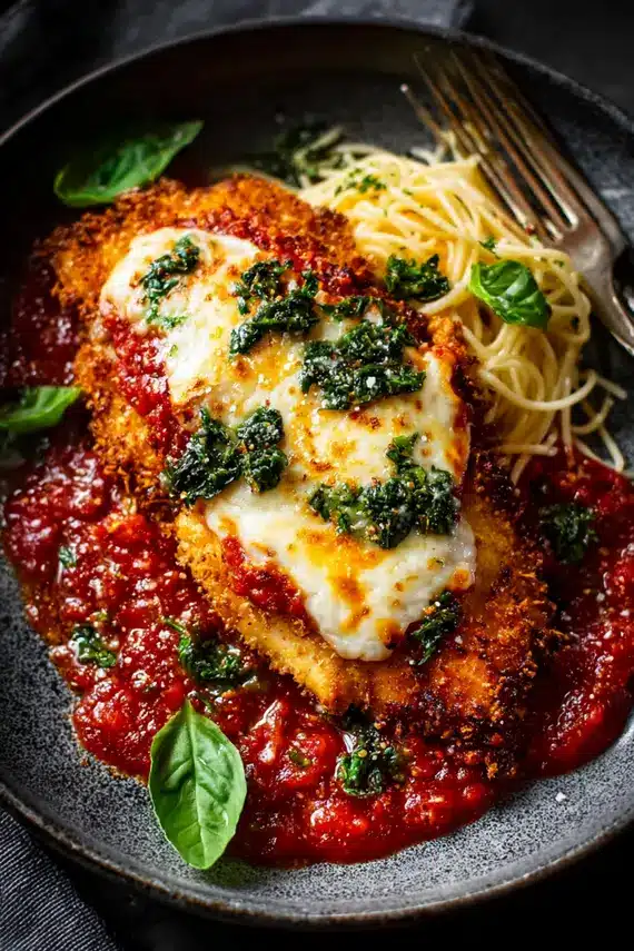 Crispy Chicken Parmesan fresh from the oven with melted cheese and marinara sauce