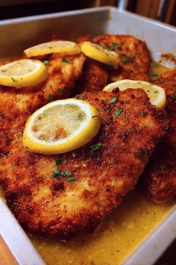 Perfectly plated crispy chicken cutlet with lemon butter sauce and fresh herbs on a white plate