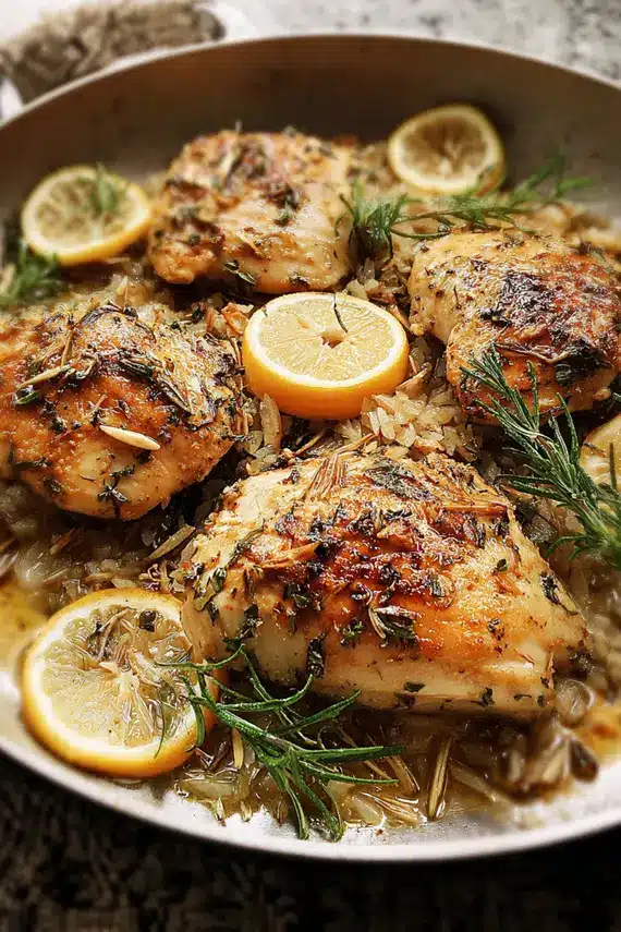 Perfectly baked garlic lemon herb chicken on a white serving platter with fresh herbs and lemon slices