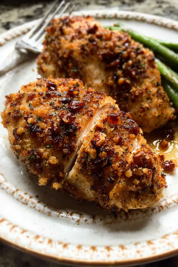 Sliced walnut crusted chicken served with side dishes