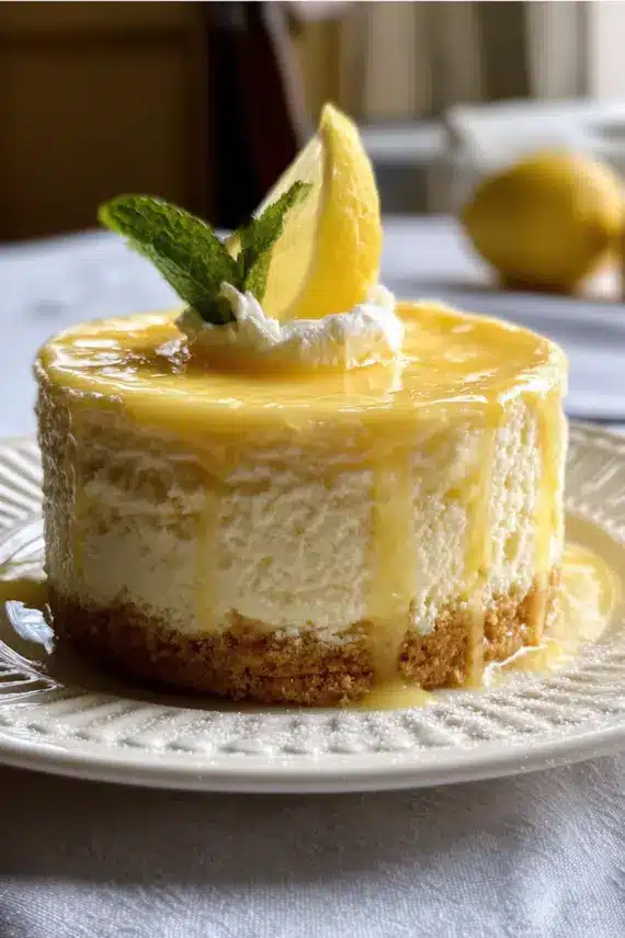 Slices of Lemon Curd Cheesecake with whipped cream and berries