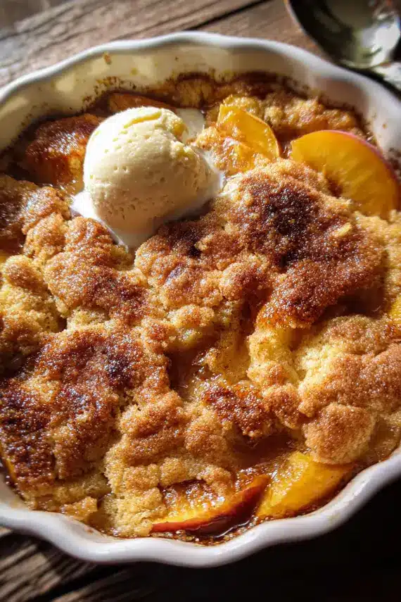Peach dump cake served in a bowl with vanilla ice cream melting on top