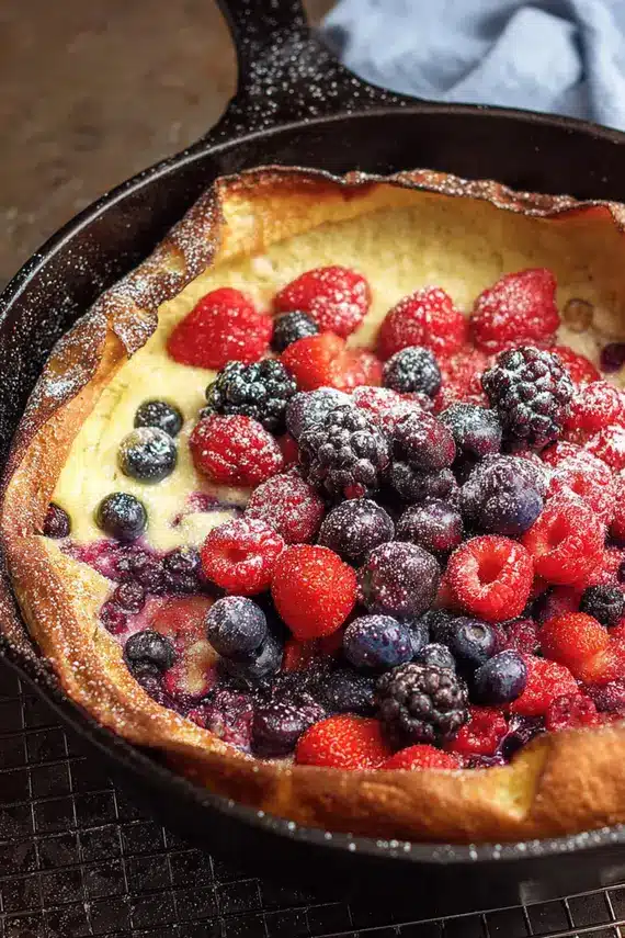 Mixed Berry Dutch Baby pancake in cast iron skillet with fresh berries