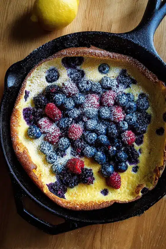 Freshly baked lemon berry Dutch baby with puffed golden edges and vibrant berries