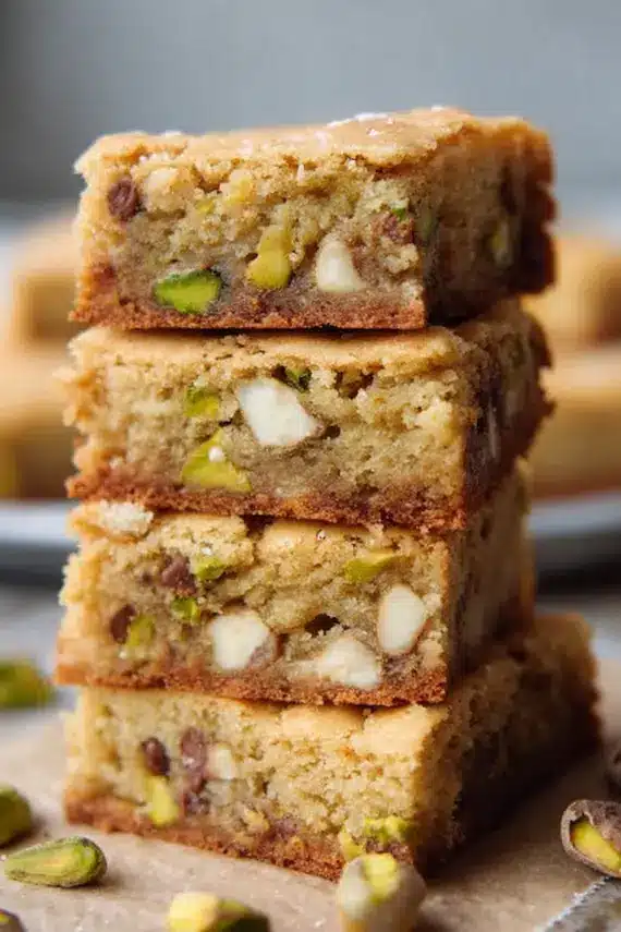 Stacked pistachio blondies on a dessert plate with scattered nuts and chocolate pieces