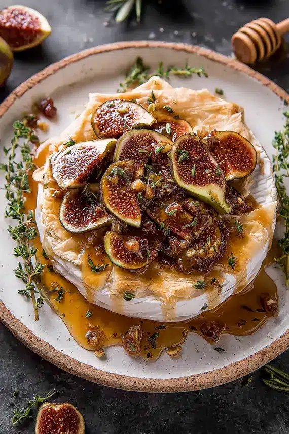 Baked Brie with Figs and Honey served with crackers and fruit