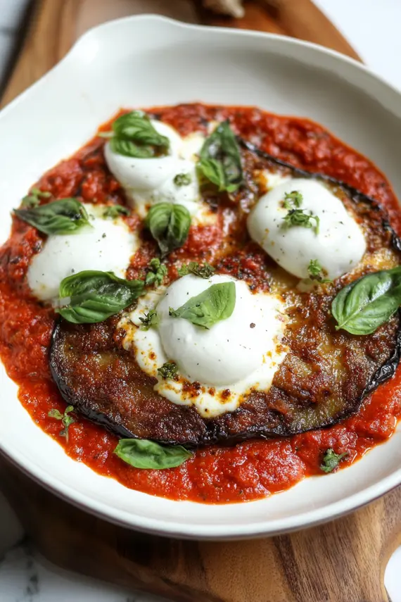 Plated serving of Burrata Eggplant Parmigiana with fresh basil garnish