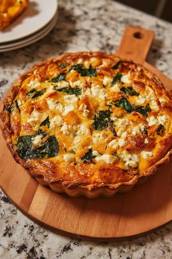 Close-up of a slice of Pumpkin Feta Quiche showing the creamy texture and chunks of feta cheese