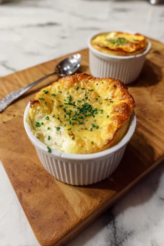 Goat cheese soufflé served with a side salad and garnished with fresh herbs