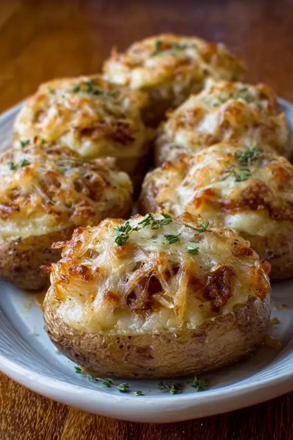 French Onion Stuffed Potatoes with melted cheese and caramelized onions