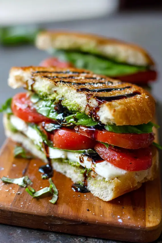 Fresh mozzarella sandwich with basil and tomatoes on ciabatta bread