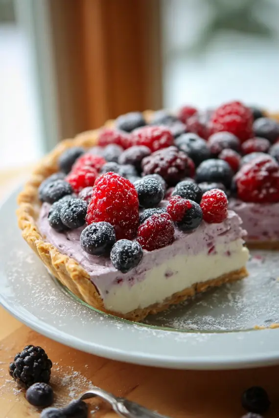 Sliced white chocolate frozen mixed berry pie showing layers of creamy filling with colorful berries throughout