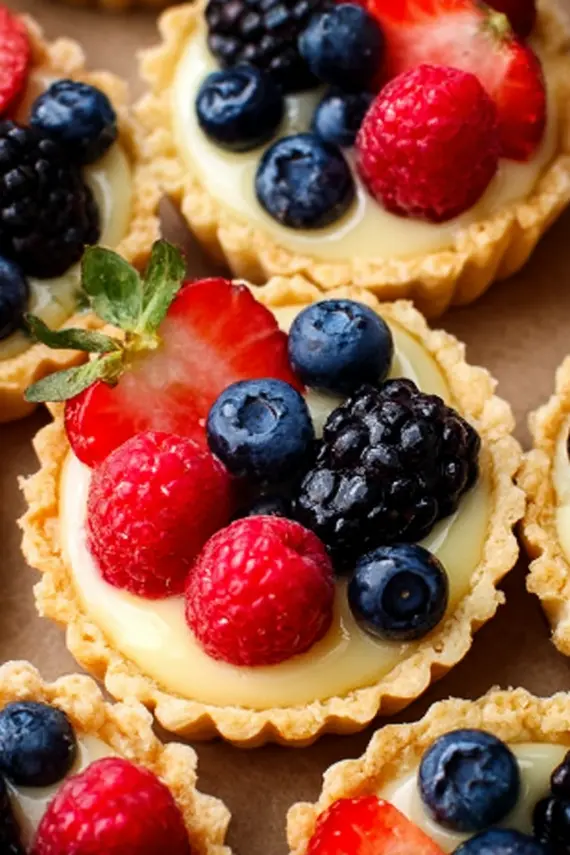 Beautifully arranged mini fruit tarts showing various colorful fruit toppings