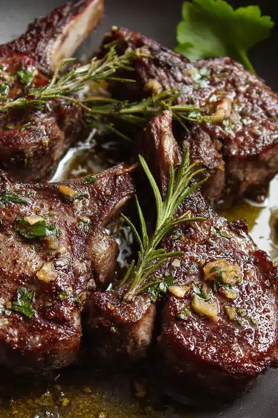 Close-up of garlic butter sauce being spooned over perfectly cooked lamb chops