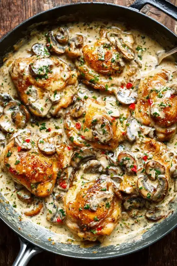 Creamy Garlic Mushroom Chicken Thighs in a skillet with golden crispy skin and rich mushroom sauce