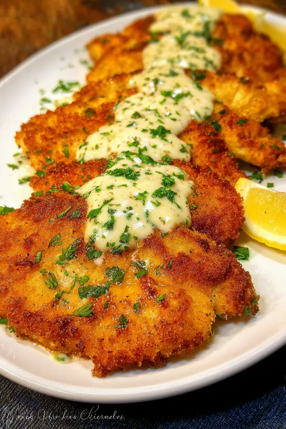 Garlic dressing being drizzled over golden chicken schnitzel with herbs visible in the sauce