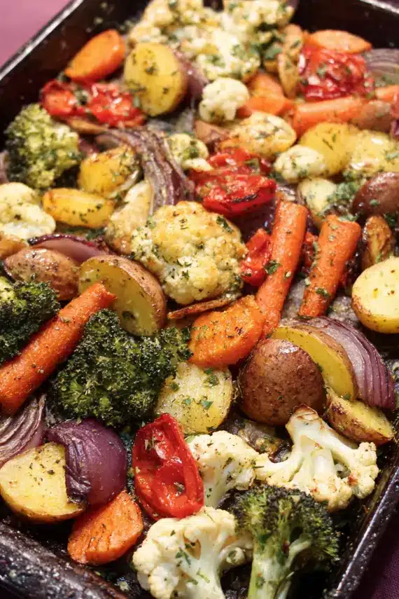 Close-up of perfectly caramelized garlic roasted carrots