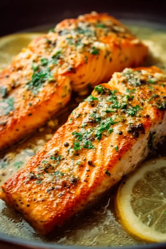 Garlic butter salmon served with roasted vegetables and lemon wedges