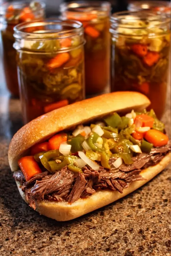 Italian Giardiniera Beef Roast with pickled vegetables and sauce in a Dutch oven