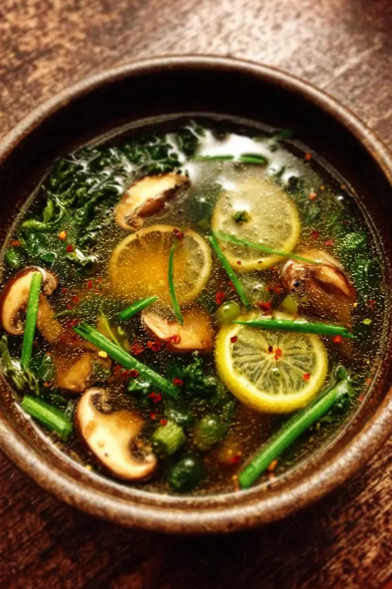 Miso Ginger Detox Broth with fresh garnishes in a beautiful ceramic bowl
