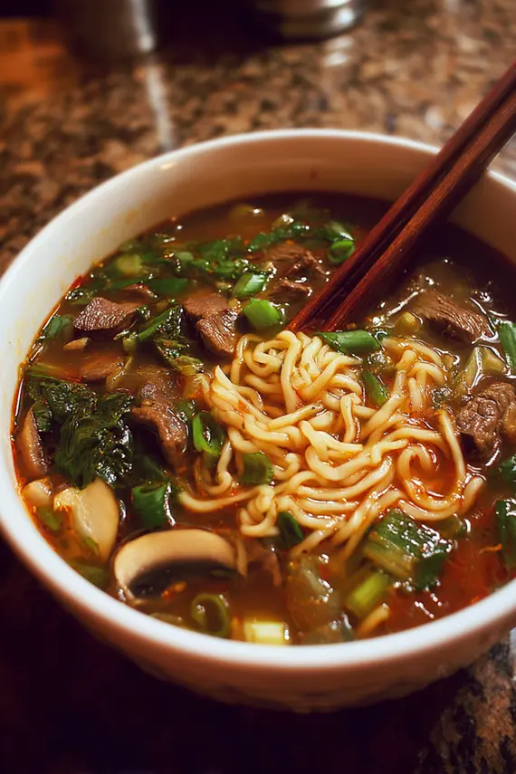 Beef Ginger Noodle Soup in a bowl with chopsticks