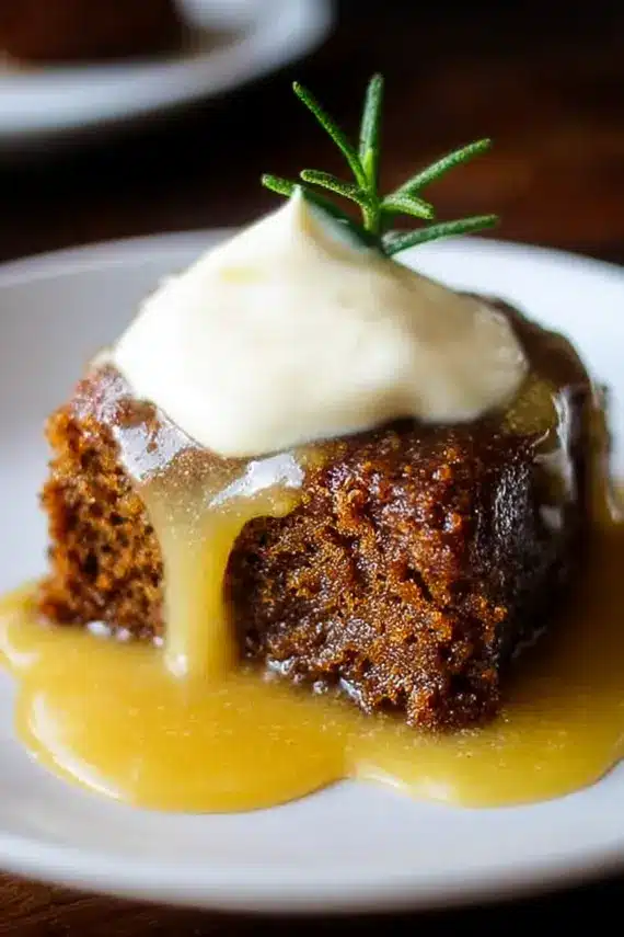 Moist gingerbread cake with lemon sauce being drizzled over a slice on a white plate