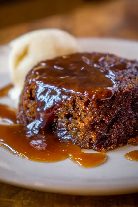 Gingerbread Sticky Toffee Pudding served with vanilla ice cream and caramel sauce