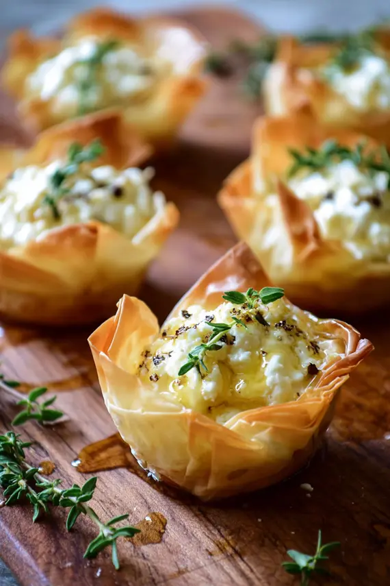Lemon Goat Cheese Phyllo Bites freshly baked and arranged on a serving platter