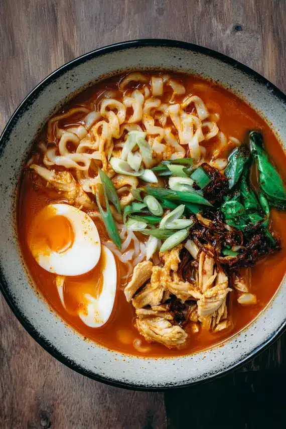 Bowl of vibrant Gochujang Coconut Chicken Noodle Soup garnished with fresh herbs and lime wedges