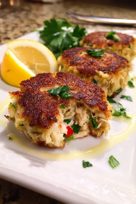 Classic crab cakes plated beautifully with lemon aioli dip and fresh garnishes