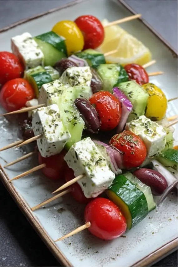 Beautifully arranged Greek salad skewers with colorful ingredients