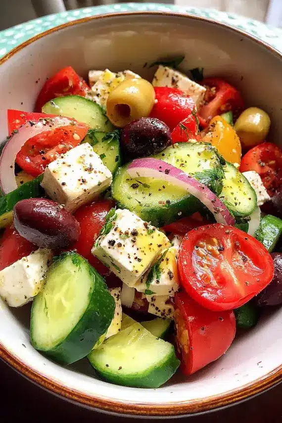 Close-up of homemade Greek lemon vinaigrette being drizzled over a fresh Mediterranean salad