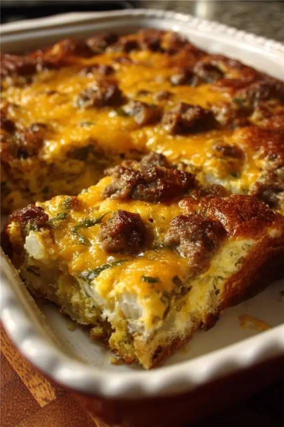 Delicious Green Chile Sausage Breakfast Casserole freshly baked in a casserole dish