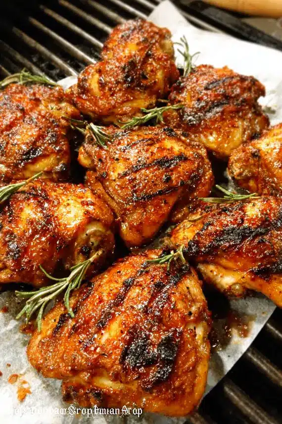 Perfectly grilled BBQ chicken with grill marks and caramelized sauce
