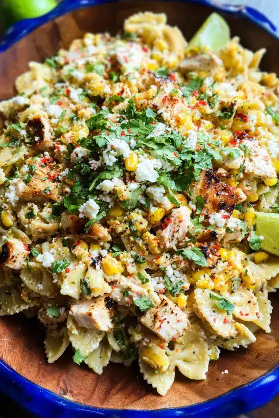 Grilled chicken pasta salad with elote corn in a serving bowl