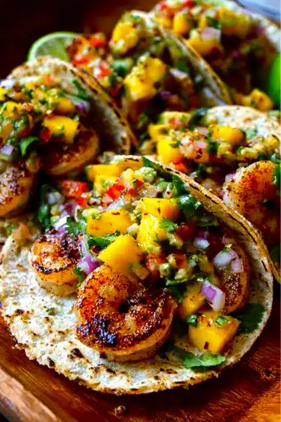 Beautifully plated grilled shrimp tacos with colorful mango salsa on corn tortillas ready to serve