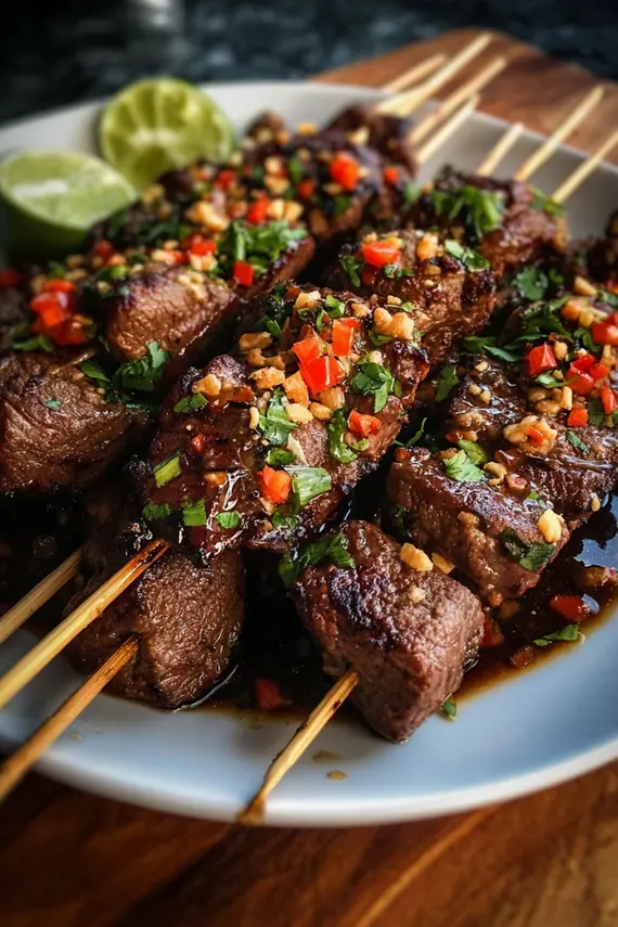 Thai steak skewers served with rice and fresh vegetables
