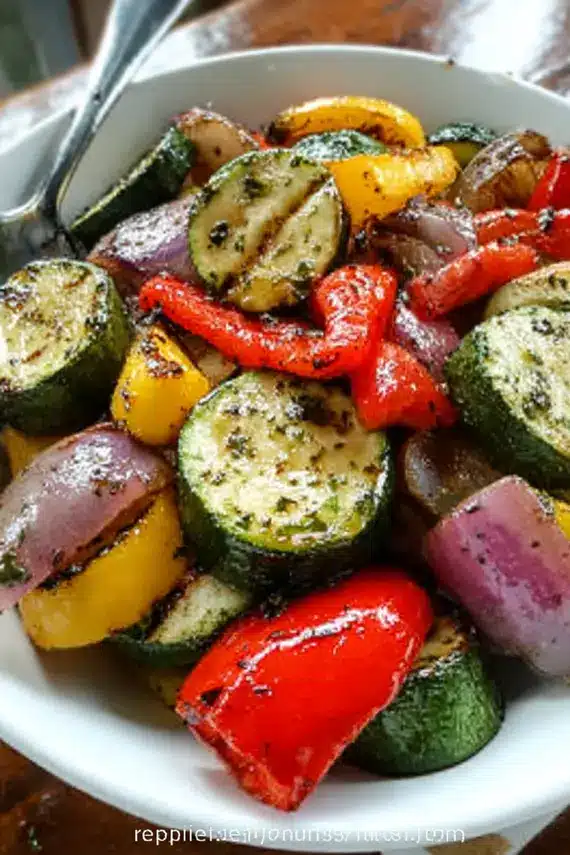 Colorful arrangement of balsamic vinaigrette grilled vegetables served on a rustic wooden platter