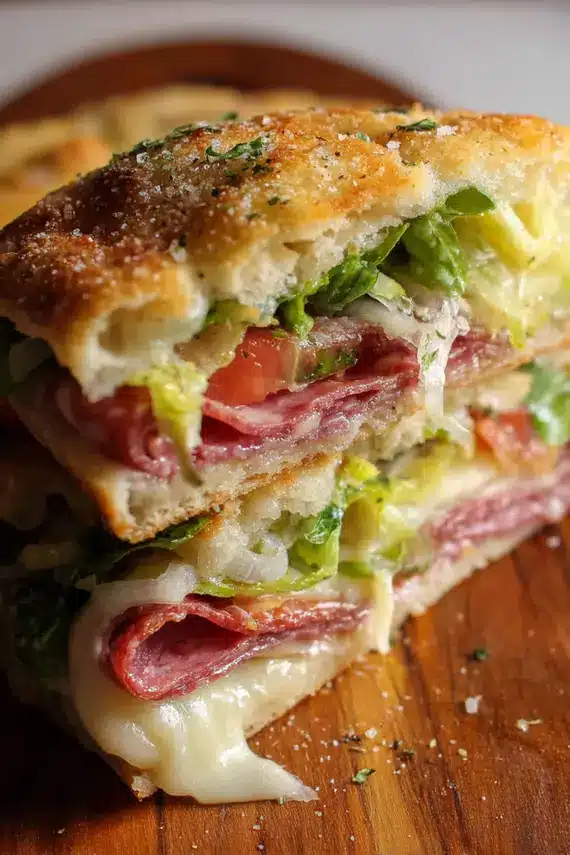 Italian Focaccia Grinder Sandwich cut into sections and served on a wooden board