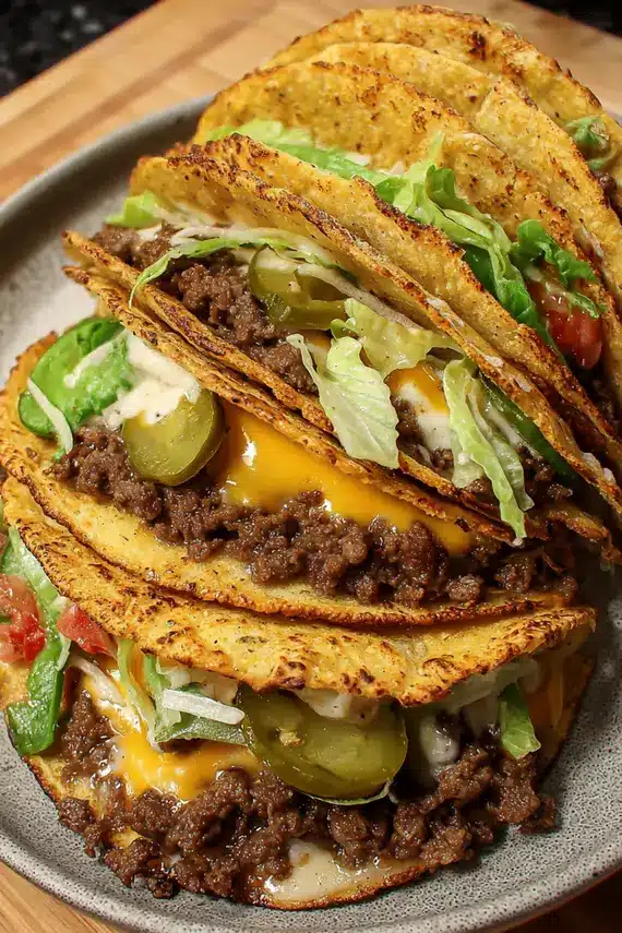 Ground beef tacos arranged on a serving platter with various toppings