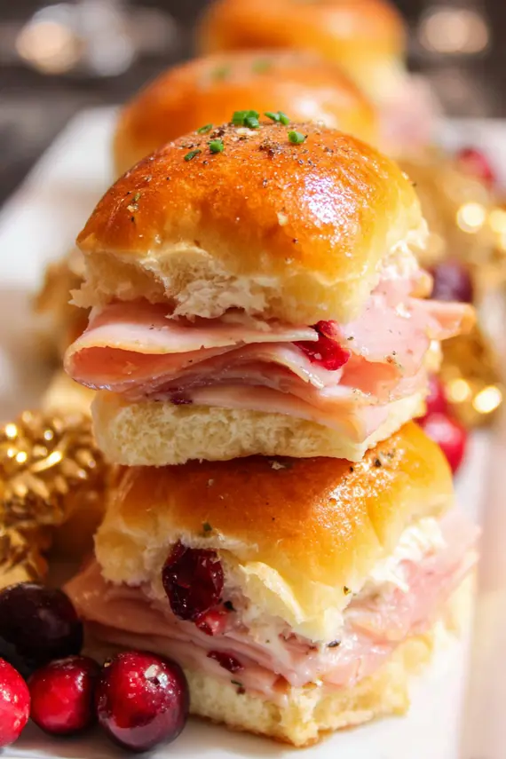 Freshly baked ham cranberry sliders with melted cheese and golden-brown tops