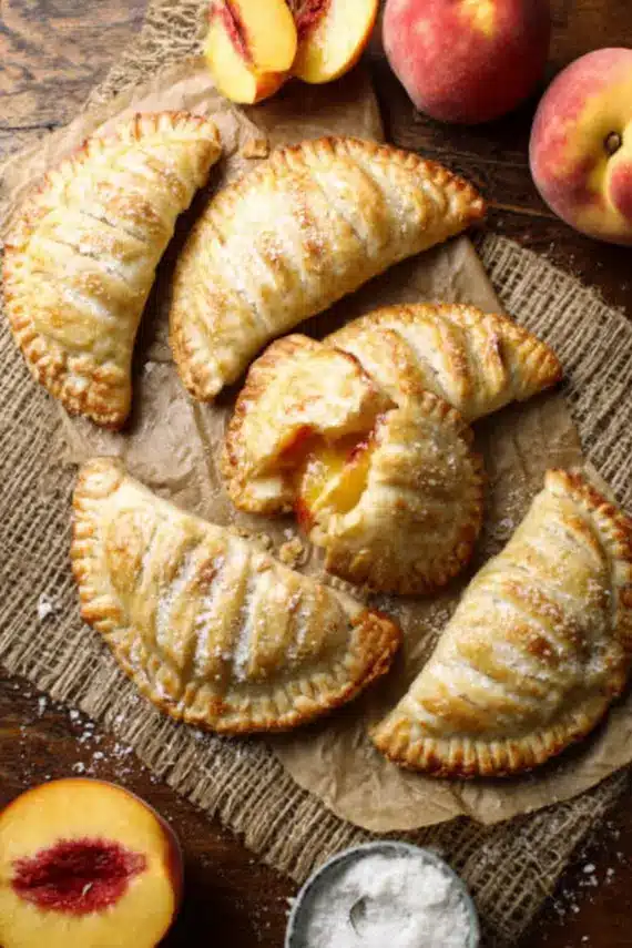 Hand pie dough being rolled out on floured surface with peach filling visible